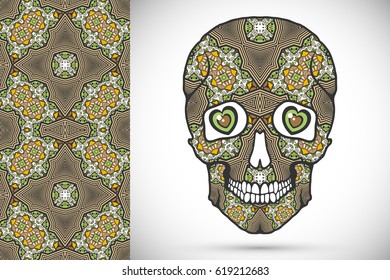 Day of The Dead colorful Sugar Skull with doodle ornament and decorative seamless floral geometric pattern. Hand drawn art background, tattoo, Halloween party card design, textile or paper print