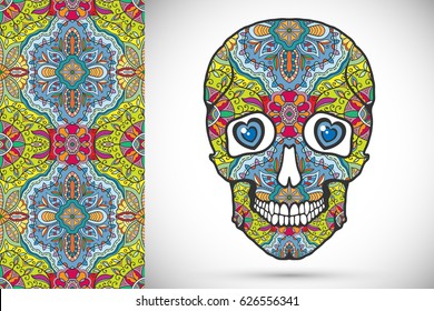Day of The Dead colorful Sugar Skull with doodle ornament and decorative seamless floral geometric pattern. Hand drawn art background, tattoo, Halloween party card design, textile or paper print
