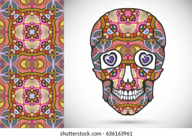 Day of The Dead colorful Sugar Skull with doodle ornament and decorative seamless floral geometric pattern. Hand drawn art background, tattoo, Halloween party card design, textile or paper print