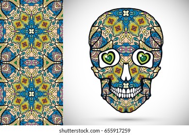 Day of The Dead colorful Sugar Skull with doodle ornament and decorative seamless floral geometric pattern. Hand drawn art background, tattoo, Halloween party card design, textile or paper print