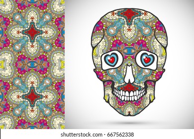 Day of The Dead colorful Sugar Skull with doodle ornament and decorative seamless floral geometric pattern. Hand drawn art background, tattoo, Halloween party card design, textile or paper print