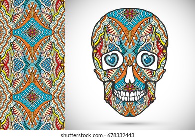 Day of The Dead colorful Sugar Skull with doodle ornament and decorative seamless floral geometric pattern. Hand drawn art background, tattoo, Halloween party card design, textile or paper print