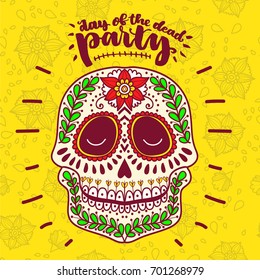 Day of The Dead colorful sugar skull with doodle ornament and flower seamless pattern. Handdrawn quote Party.