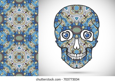 Day of The Dead colorful Sugar Skull with doodle ornament and decorative seamless floral geometric pattern. Hand drawn art background, tattoo, Halloween party card design, textile or paper print