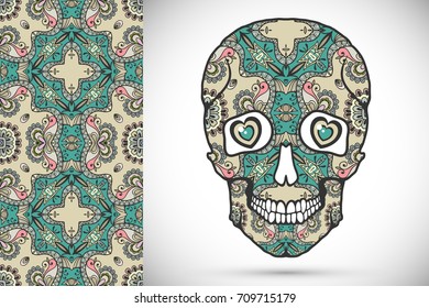 Day of The Dead colorful Sugar Skull with doodle ornament and decorative seamless floral geometric pattern. Hand drawn art background, tattoo, Halloween party card design, textile or paper print