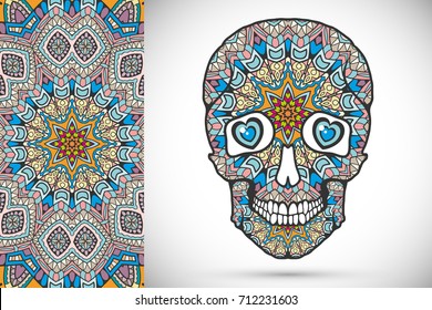 Day of The Dead colorful Sugar Skull with doodle ornament and decorative seamless floral geometric pattern. Hand drawn art background, tattoo, Halloween party card design, textile or paper print