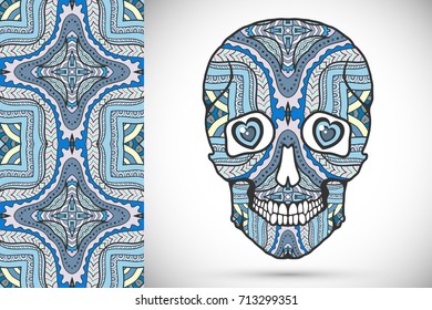 Day of The Dead colorful Sugar Skull with doodle ornament and decorative seamless floral geometric pattern. Hand drawn art background, tattoo, Halloween party card design, textile or paper print