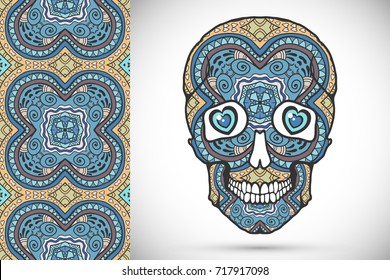 Day of The Dead colorful Sugar Skull with doodle ornament and decorative seamless floral geometric pattern. Hand drawn art background, tattoo, Halloween party card design, textile or paper print