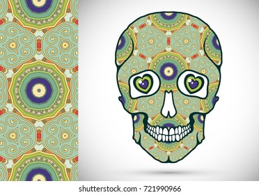 Day of The Dead colorful Sugar Skull with doodle ornament and decorative seamless floral geometric pattern. Hand drawn art background, tattoo, Halloween party card design, textile or paper print