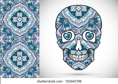 Day of The Dead colorful Sugar Skull with doodle ornament and decorative seamless floral geometric pattern. Hand drawn art background, tattoo, Halloween party card design, textile or paper print