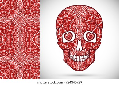 Day of The Dead colorful Sugar Skull with doodle ornament and decorative seamless floral geometric pattern. Hand drawn art background, tattoo, Halloween party card design, textile or paper print