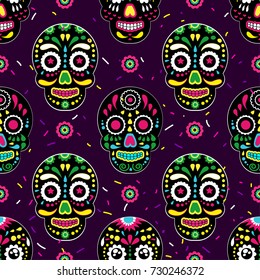 Day of The Dead colorful sugar skull with floral ornament and flower seamless pattern. Dia de los muertos, the pattern is made in bright colors, colorful skulls for the holiday of the dead