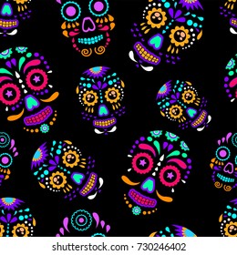 Day of The Dead colorful sugar skull with floral ornament and flower seamless pattern. Dia de los muertos, the pattern is made in bright colors, colorful skulls for the holiday of the dead