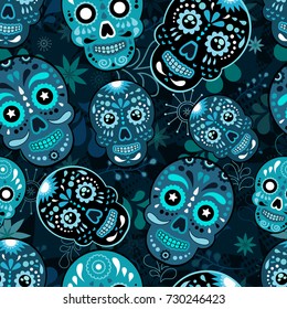 Day of The Dead colorful sugar skull with floral ornament and flower seamless pattern. Dia de los muertos, the pattern is made in bright colors, colorful skulls for the holiday of the dead