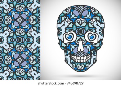 Day of The Dead colorful Sugar Skull with doodle ornament and decorative seamless floral geometric pattern. Hand drawn art background, tattoo, Halloween party card design, textile or paper print