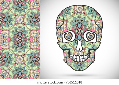 Day of The Dead colorful Sugar Skull with doodle ornament and decorative seamless floral geometric pattern. Hand drawn art background, tattoo, Halloween party card design, textile or paper print