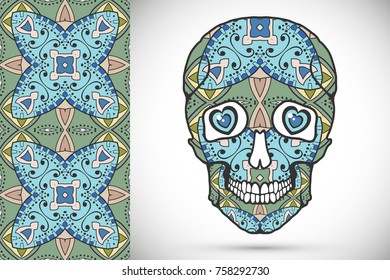 Day of The Dead colorful Sugar Skull with doodle ornament and decorative seamless floral geometric pattern. Hand drawn art background, tattoo, Halloween party card design, textile or paper print