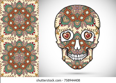 Day of The Dead colorful Sugar Skull with doodle ornament and decorative seamless floral geometric pattern. Hand drawn art background, tattoo, Halloween party card design, textile or paper print