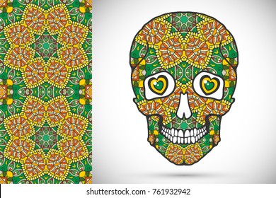 Day of The Dead colorful Sugar Skull with doodle ornament and decorative seamless floral geometric pattern. Hand drawn art background, tattoo, Halloween party card design, textile or paper print