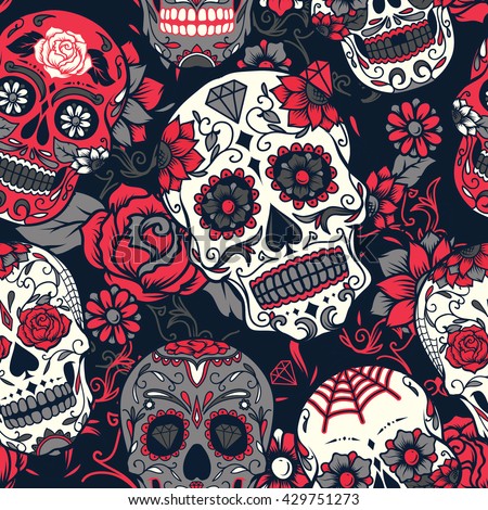 Day of The Dead colorful sugar skull with floral ornament and flower seamless pattern
