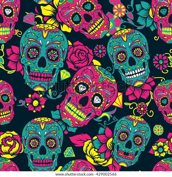 Day of The Dead colorful sugar skull\
with floral ornament and flower seamless\
pattern