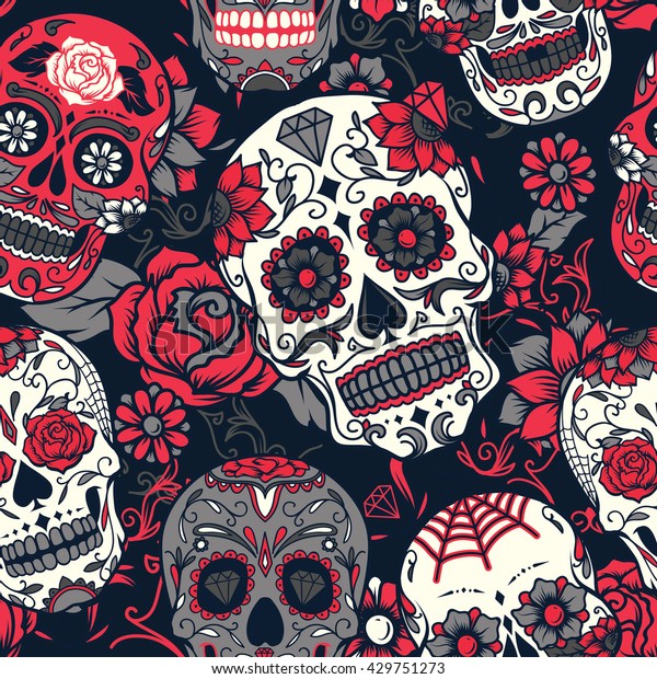 Day of The Dead colorful sugar skull\
with floral ornament and flower seamless\
pattern\
