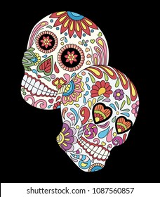 Day of The Dead colorful Sugar Skulls with Flowers Pattern. Design elements label, emblem, poster, t-shirt. Vector illustration