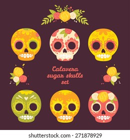 Day of the dead colorful vector calavera set. Mexican sugar skulls and flowers.