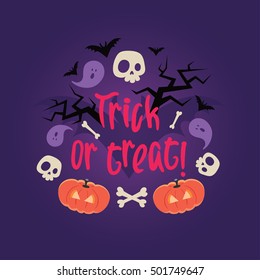 Day of the dead colorful vector card. Halloween scary background with skulls, pumkins, bones, ghosts, bats and trees. Can be used for invitations, albums, frames.