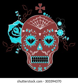 Day of the dead colorful vector illustration. Mexican sugar skull. Calavera. Halloween. Print fo T-shirt, textill or paper. Symbol of death. Tattoo