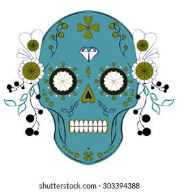 Day of the dead colorful vector illustration. Mexican sugar skull. Calavera. Halloween. Print fo T-shirt, textill or paper. Symbol of death. Tattoo