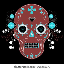 Day of the dead colorful vector illustration. Mexican sugar skull. Calavera. Halloween. Print fo T-shirt, textile or paper. Symbol of death. Tattoo