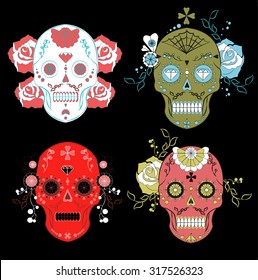 Day of the dead colorful vector illustration. Mexican sugar skull. Calavera. Halloween. Print fo T-shirt, textill or paper. Symbol of death. Tattoo. Collection of skulls