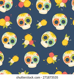 Day of the dead colorful vector pattern. Seamless background with mexican sugar skulls and flowers.