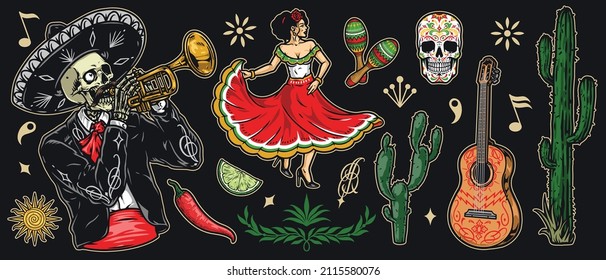Day of dead colorful vintage emblems set with mariachi musician playing trumpet, dancing woman in dress, sugar skull, cactus, maracas, lime slice and chili pepper, vector illustration