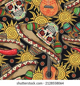 Day of dead colorful vintage seamless pattern with calavera skullsin sombreros, painted guitars, chili pepper and sun, vector illustration