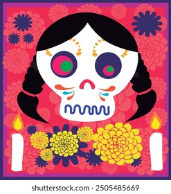 Day of the Dead with colors purple pink and yellow