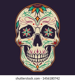 Day of the Dead concept with colorful sugar skull in vintage style isolated vector illustration