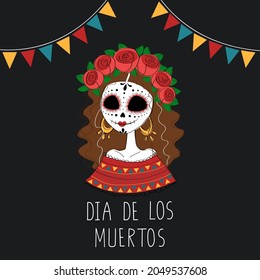 Day of the dead concept. Dia de los Muertos celebration.  An illustration of a traditional Mexican  woman with sugar skull makeup. Celebrated annually on November 2. Banner, poster, brochure template.