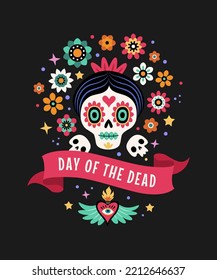 Day of the Dead concept. Vector flat cartoon illustration with sugar festive female skull surrounded by flowers, ribbon with inscription. Isolated on black background