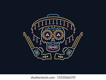 Day of the dead cowboy vector skull graphic design in neon style for any use