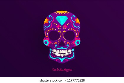 Day of Dead creative wide poster design. skull with bright neon colors. floral ornaments, diamond and heart. Neon ink style shapes.