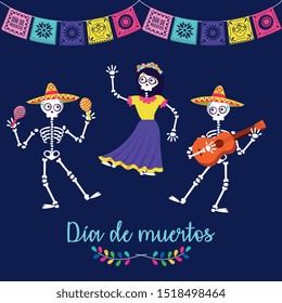 day of the dead with cute dancing skeletons and mexican bunting cartoon. vector illustration