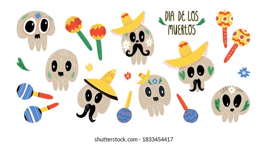 Day of the dead cute hand-drawn set with various sugar skulls with mustaches, wearing sombreros, maracas nearby, flowers and lettering greeting. Vector isolated illustration.