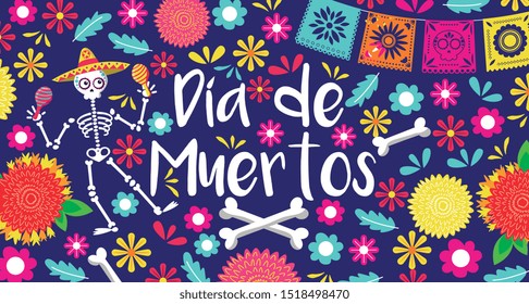 day of the dead with cute skeleton flower and mexican bunting cartoon. vector illustration