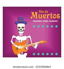 Day of the dead, cute skeleton playing the guitar at night. Flat vector modern illustration 