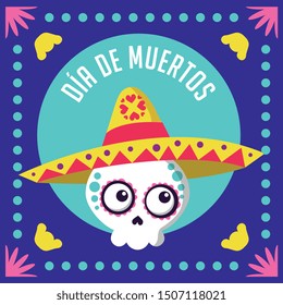 day of the dead with cute skull cartoon with mariachi hat. vector illustration