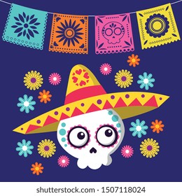 day of the dead with cute skull flowers and mexican bunting cartoon. vector illustration