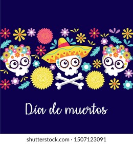 day of the dead with cute skull flowers cartoon. vector illustration
