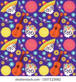 day of the dead with cute skull guitar flowers cartoon. vector illustration